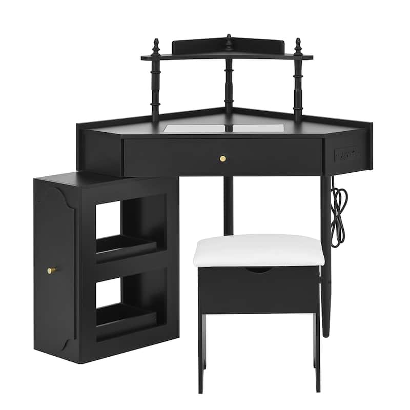 Corner Vanity Desk Set with Storage Stool, Glass Tabletop Makeup Vanity, Dressing Table with Side Cabinet, Drawer & Shelf