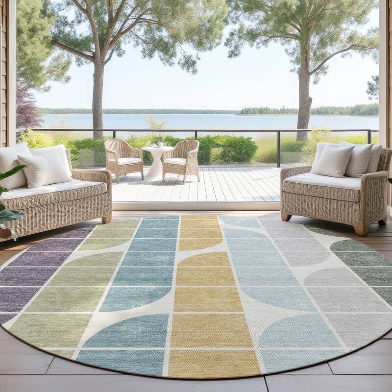 Machine Washable Indoor/ Outdoor Modern Finch Chantille Rug - Seafoam - 8' x 8'