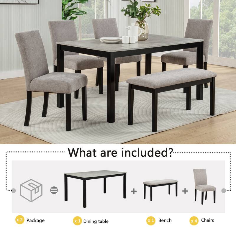 Modern 6 Piece Wooden Dining Table Set, Rectangular Concrete-Effect Tabletop Kitchen Table with 4 Upholstered Chairs and Bench