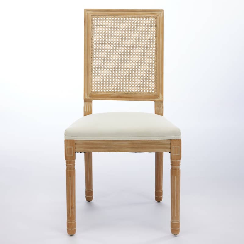 French Decor Chairs Set of 2, Louis Dining Chairs with Square Rattan Backrest and Exquisitely Carved Solid Wood Frame