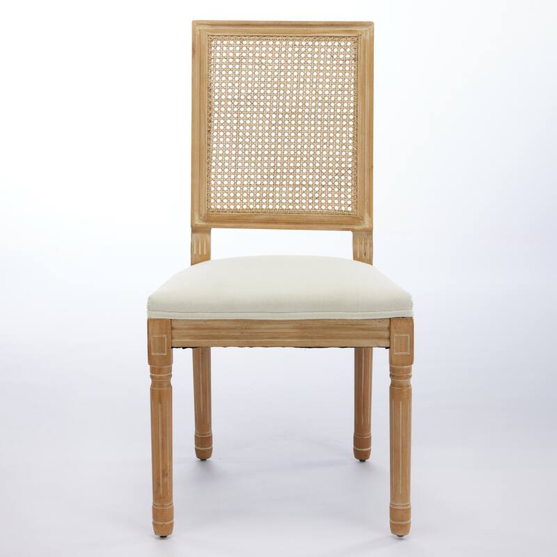 GDF Studio - French Modern Wood Dining Chairs with Rattan Backrest, Upholstered Seat, Set of 2 with Carved Frame