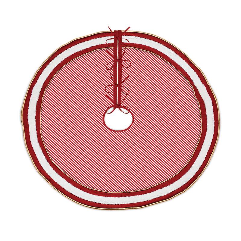 Cotton Tree Skirt with Peppermint Stripes and Woven Trim - Red-White