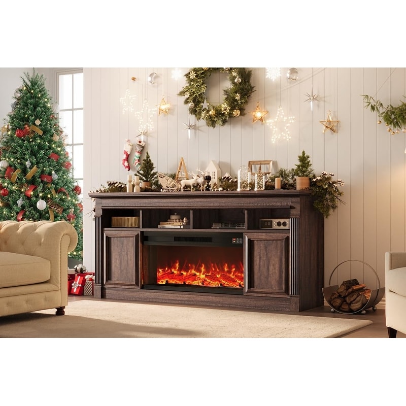 68" Fireplace TV Stand with Remote, 36" Electric Fireplace & 4 Flame Colors, Farmhouse Console, White Brown