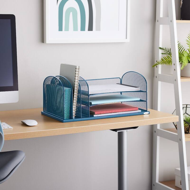 Safco Onyx 3 Horizontal/3 Upright Sections Wire Mesh Desktop Organizer - Blue