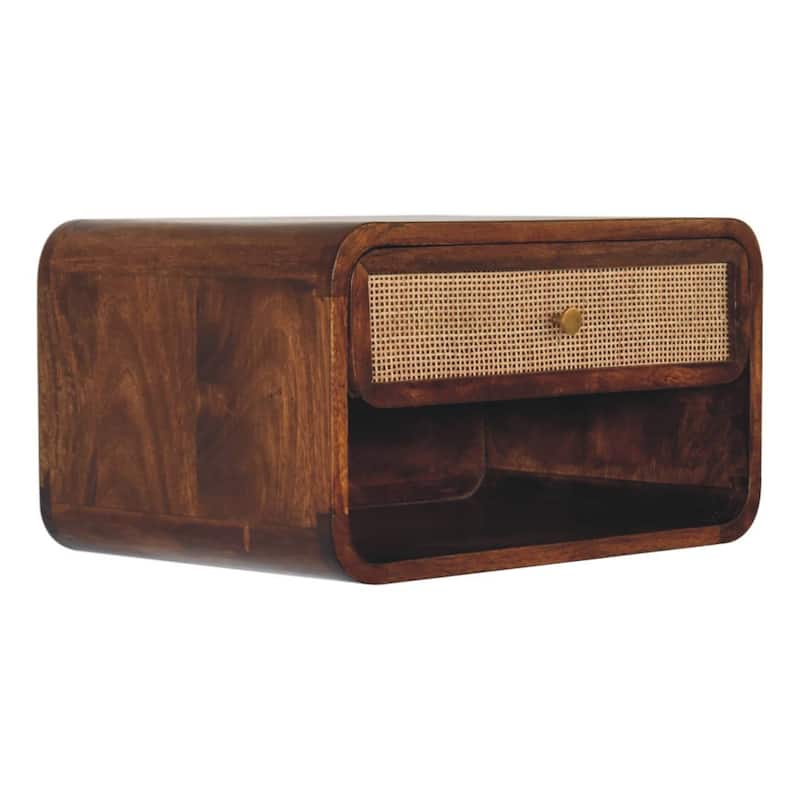 Artisan Furniture Solid Wood Chestnut Wall Mounted Open Woven Bedside, Brown with One Shelf and One Drawer