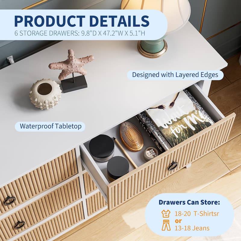 Fluted 6 Drawer Dresser for Bedroom, 47" Wide Modern Wooden Chest with Wavy Panel & Metal Handles