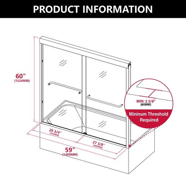 i-Homare 55 - 59'' W x 60'' H Double Sliding Bath Tub Door Semi-Frameless Shower Door