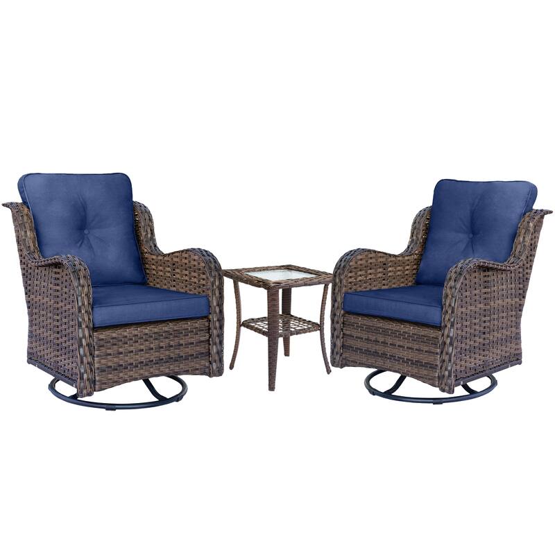 3 Piece High Back Outdoor Wicker Patio Conversation Swivel Chairs Set
