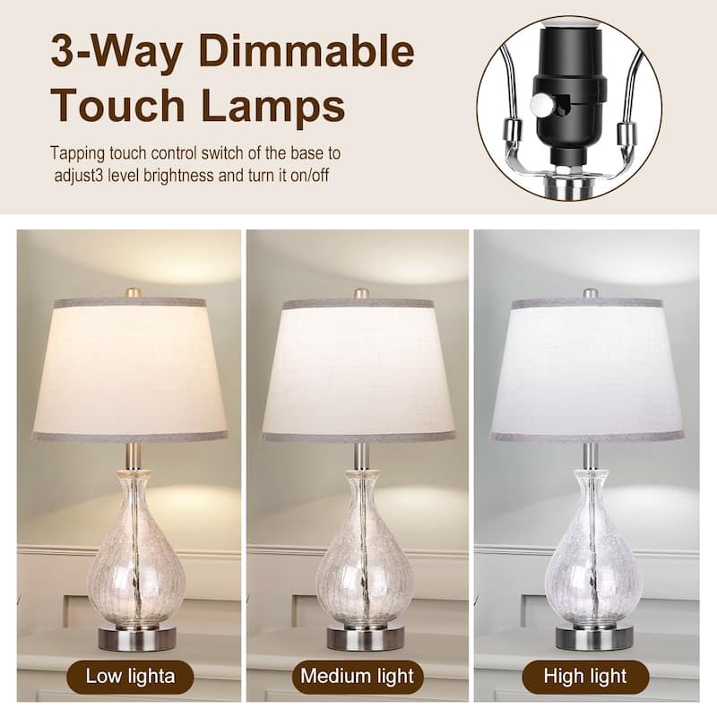 Glass Table Lamp Set of 2, 22.5" LED Light with Touch Control, 3 Way Dimmable Modern Bedside Lamps with Fabric Shade