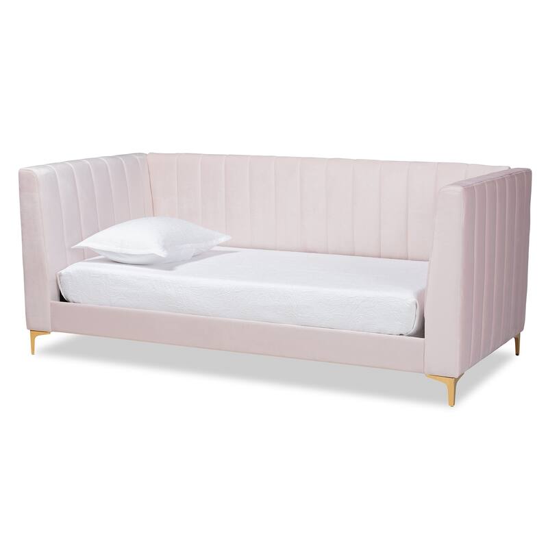Pink Velvet Upholstered Twin Daybed with Channel Tufting and Gold Metal Legs, Luxe Contemporary Guestroom Bed
