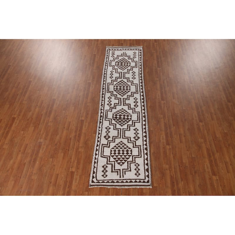 Geometric Anatolian Turkish Runner Rug Handmade Beige Wool Carpet - 3'1"x 11'6"
