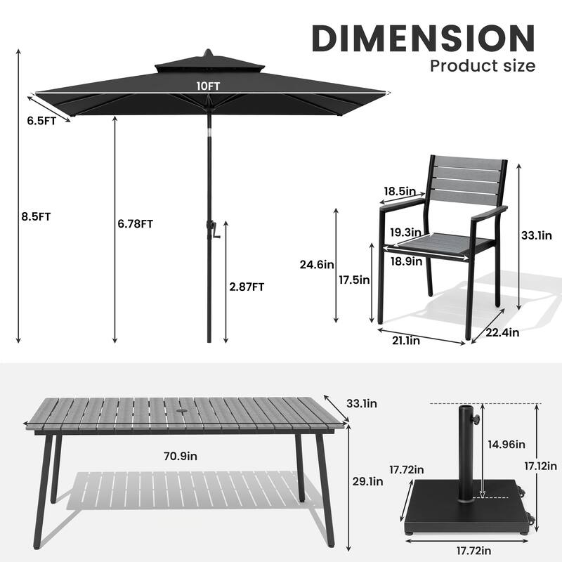 9-Piece Outdoor Dining Set Aluminum Table and 8 Stackable Chairs and 10 ft Umbrella with Base