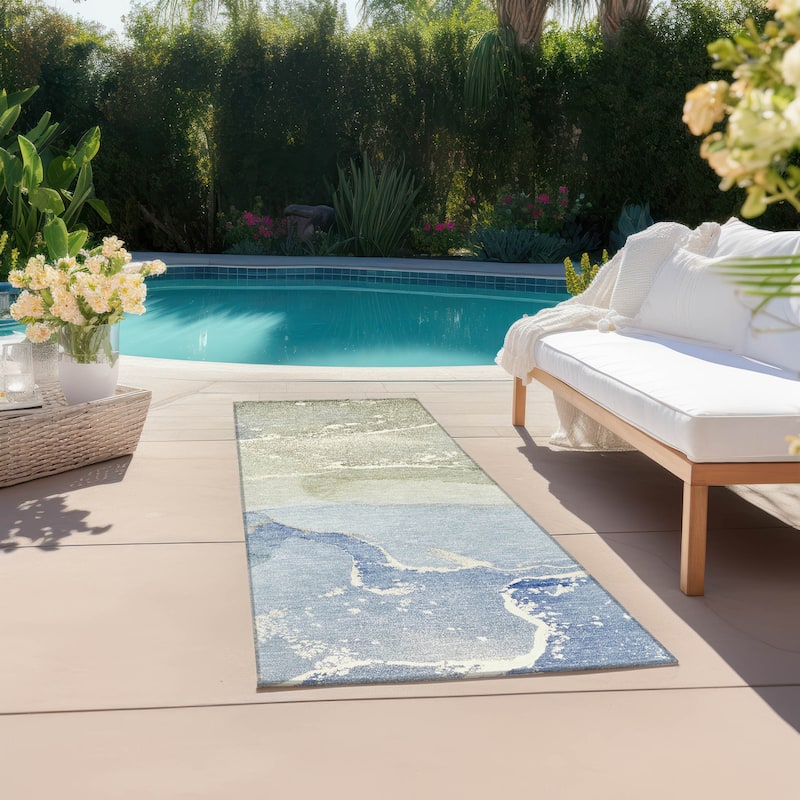 Machine Washable Indoor/ Outdoor Abstract Marble Chantille Rug - Blue - 2'3" x 7'6"