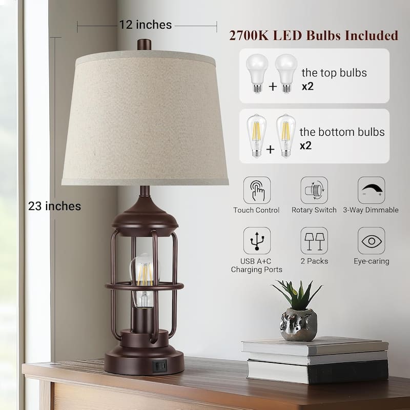 Table Lamp Set of 2 with USB Ports, Touch Control 3-Way Dimmable Bedside Lamp with 2 LED Night Light