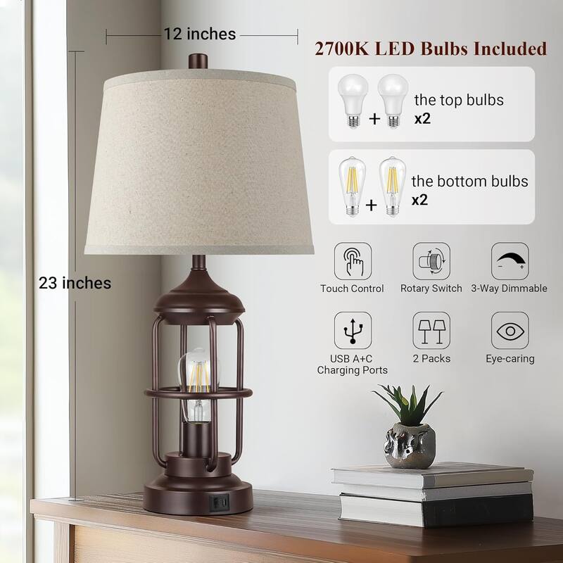Table Lamp Set of 2 with USB Ports,Touch Control 3-Way Lamp with 2 LED Night Light,Nightstand Lamp
