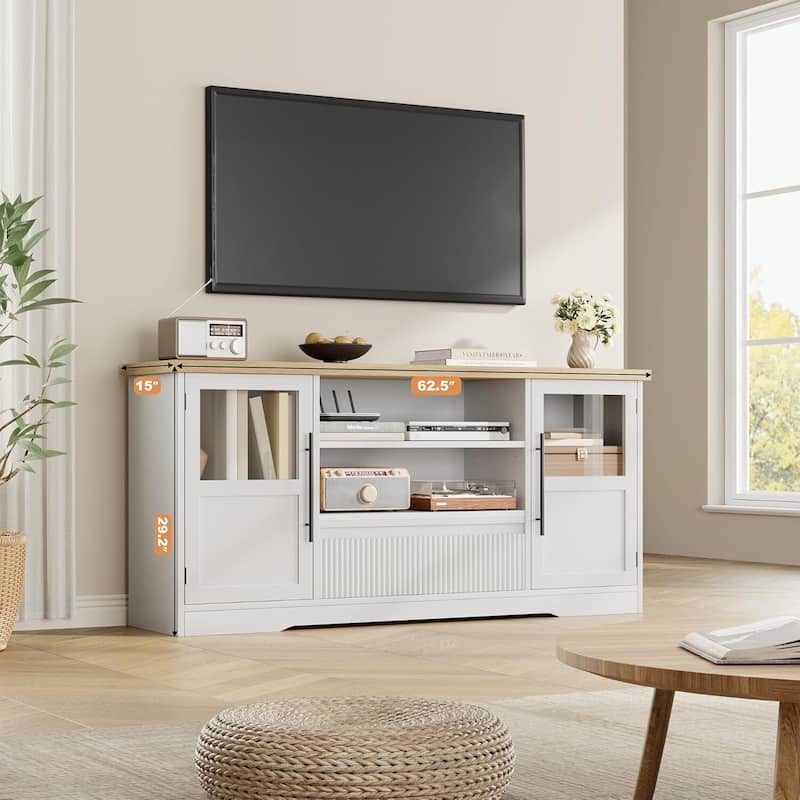 Retro TV Stand for 75 Inch TV Media Console with 2 Glass Cabinets & Open Shelves - N/A