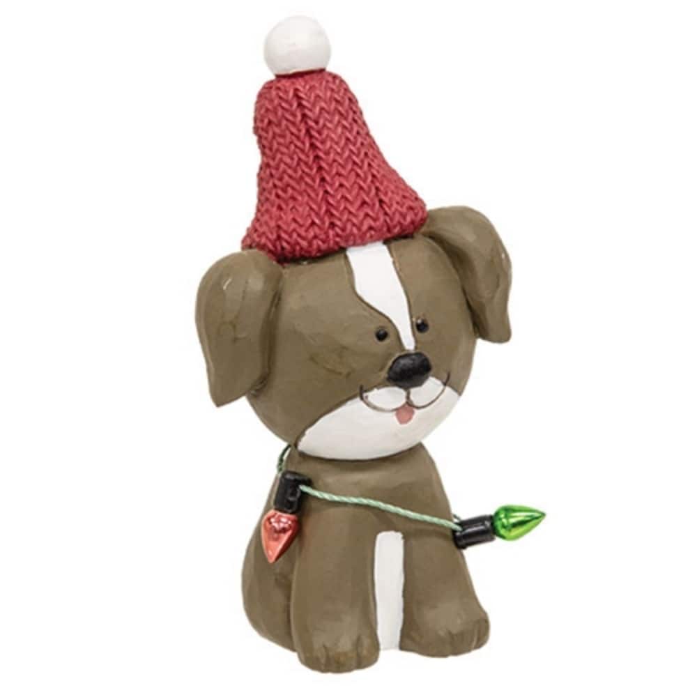 Resin Puppy with Red Hat and Christmas Lights - 3.5"H - Multi