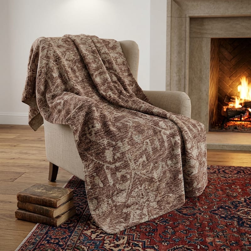 HomeRoots 50" X 70" Chocolate And Beige Damask Polyester Woven Plush Throw Blanket - Throw - Beige/Chocolate