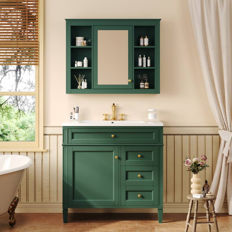 Freestanding Bathroom Vanity & Wall Mounted Mirror Cabinet Set with Resin Sink, Open Shelves, Drawers and Adjustable Shelves - Green