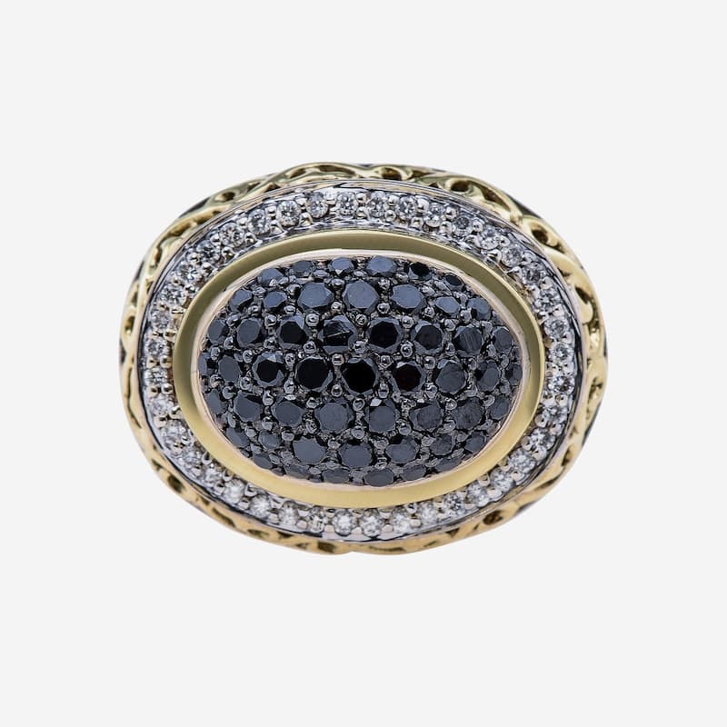 Charles Krypell Sterling Silver and 18K Yellow Gold, Black Diamond and White Diamond Statement Ring Sz. 6.75