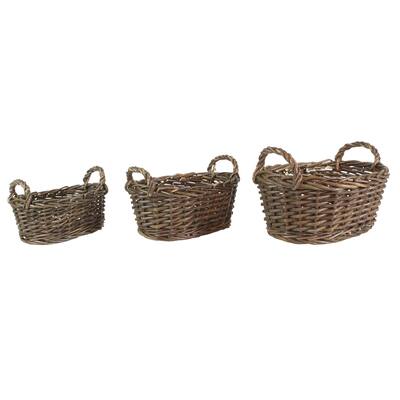 Willow Oval Shaped Basket with Curved Handles, Set of 3, Brown