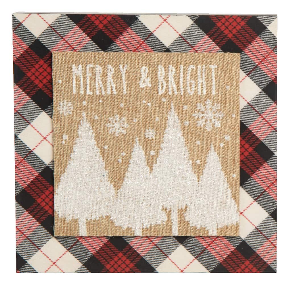 Transpac Wood 9.5 in. Multicolored Christmas Plaid Snowy Block Decor