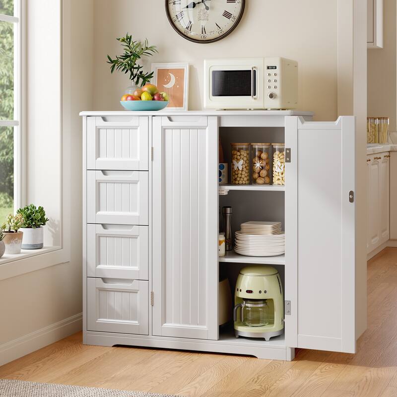 33.5''H Bathroom Floor Cabinet, 31.5''W Kitchen Pantry Storage Cabinet with 4 Drawers & Double Doors
