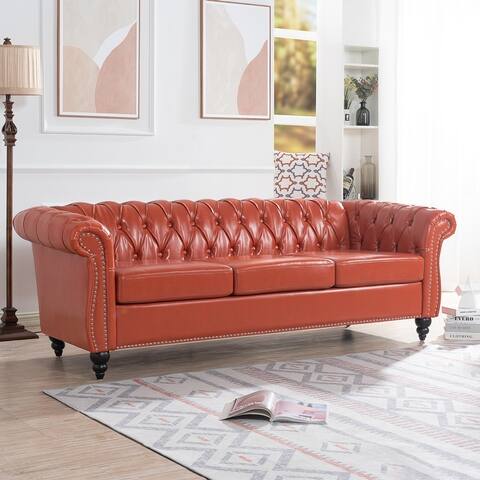 Luxury PU Leather Three Seater Sofa, 84" Traditional Rolled Arm Chesterfield Sofa with Wood Legs and Nailheads