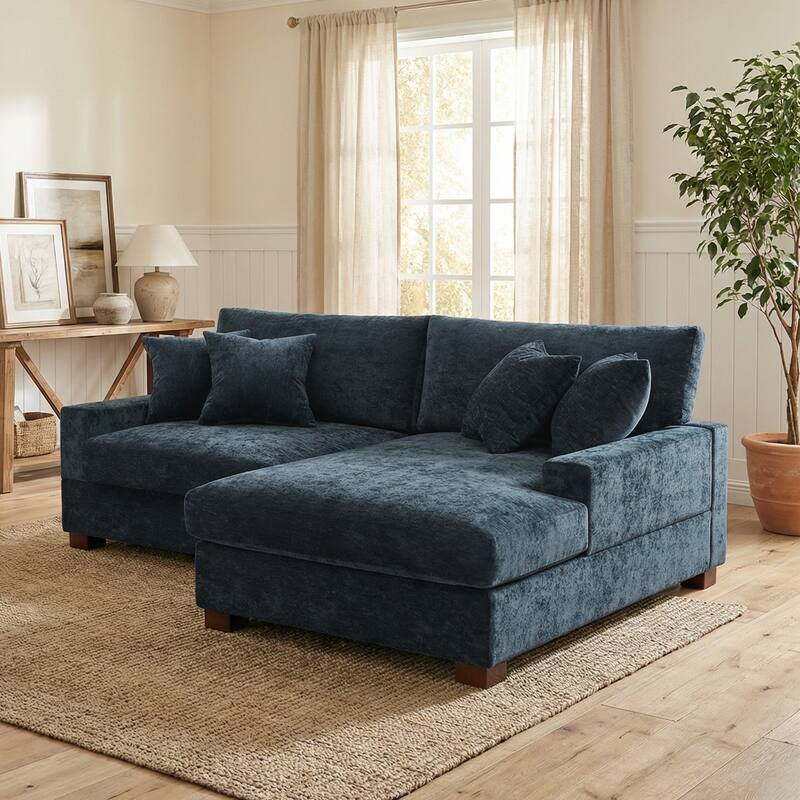 2 Set Chenille Upholstered Modular Sectional Sofa Chaise with Pillows - Blue-Sofa L+Chaise R - Right Facing