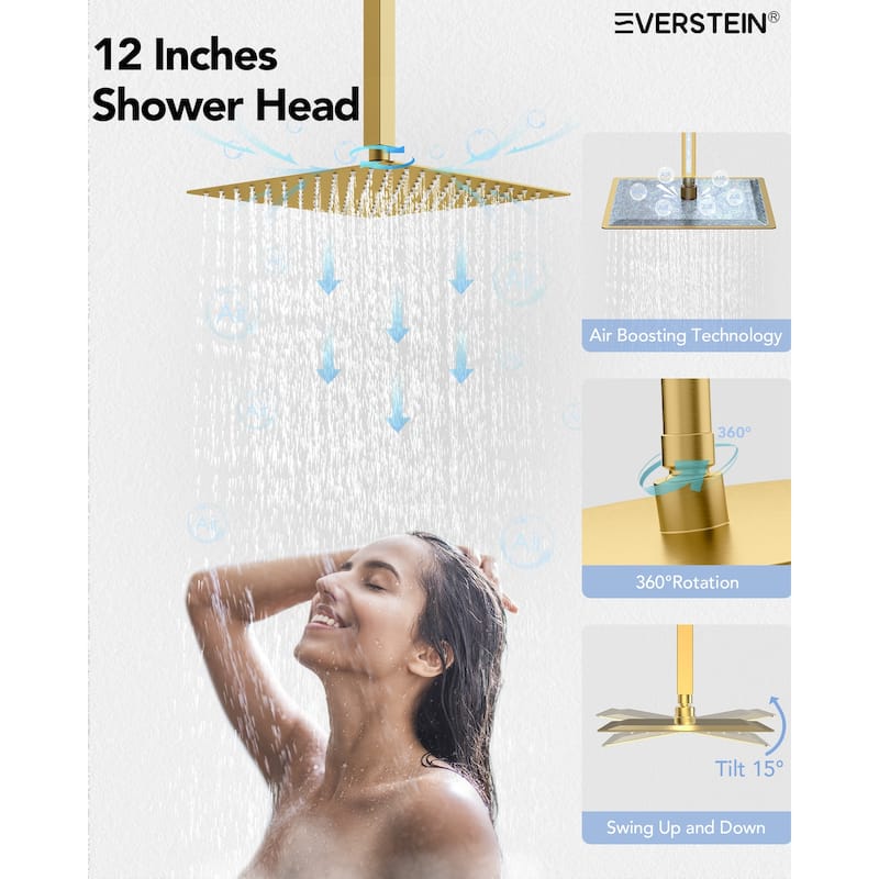 Dual Heads Thermostatic Shower Faucet with 12" Rainfall Shower, Handhels Spray And Body Jets - 12" x 6"