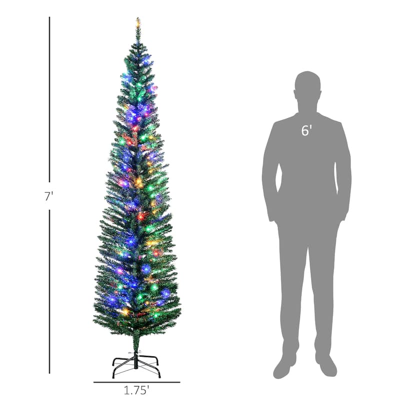 HOMCOM 7ft Tall Pencil Prelit Artificial Christmas Tree Holiday Décor with 499 Branches, 180 Colorful LED Lights, Steel Base