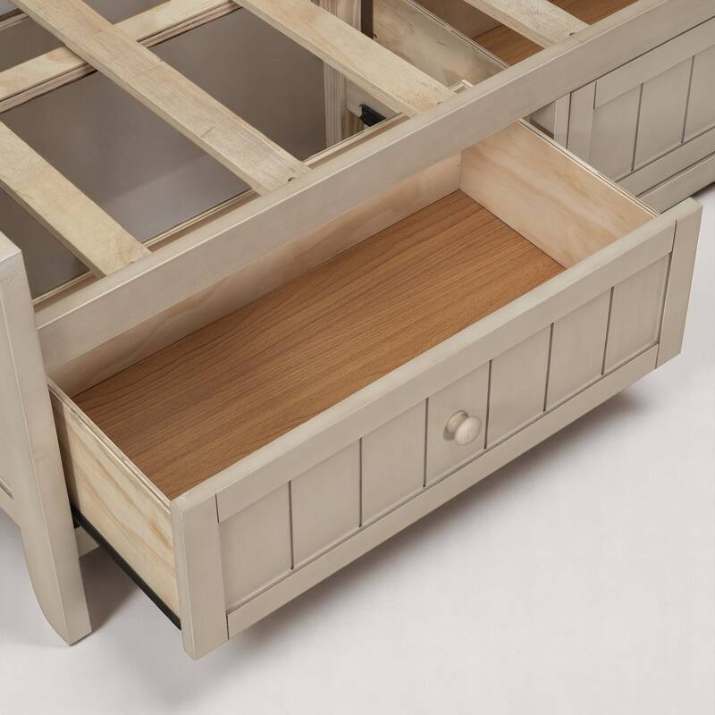 Full/Twin Daybed with Storage Shelves and 3 Drawers, Antique White Milk Farmhouse Platform Bed Frame, No Box Spring Needed