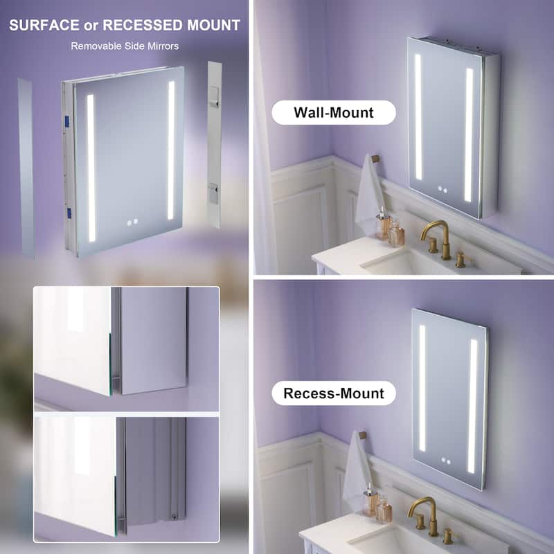 Recessed or Surface 30" H LED Mirror Cabinet with Adjustable Glass Shelves,Defogger, Dimmer And Outlets & USB Ports