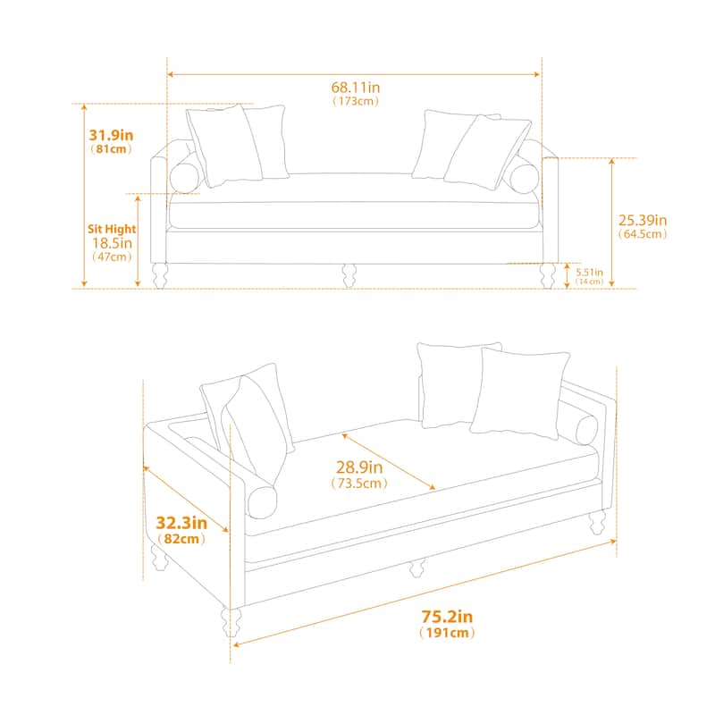 75.2" Chenille 3-Seater Sleeper Sofa with 4 Throw Pillows And 2 Bolsters