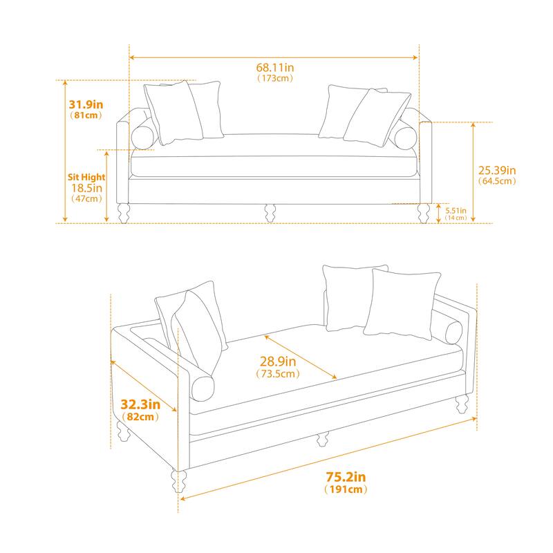 75.2"Wide Upholstered Chaise Lounge with Nailheads, Sleeper Sofa Couch With 4 Throw Pillows & 2 Bolsters, Rubberwood Legs
