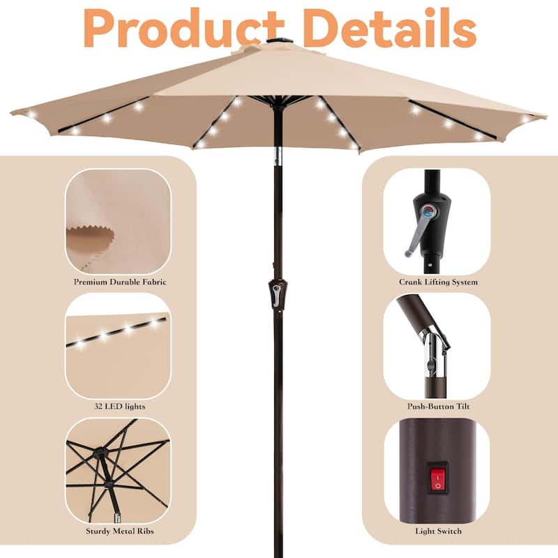 9ft Patio Market Umbrella with LED Lights,Crank & Tilt