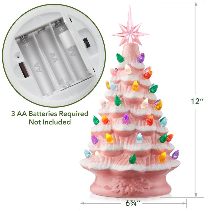 12in Hand Painted Ceramic Christmas Tree PreLit Tree with Star