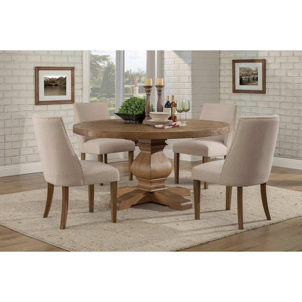 30 in. H, 7 -Piece Brown Round Wood Top with High Upholstered Back 6 Seating Dining Room Set