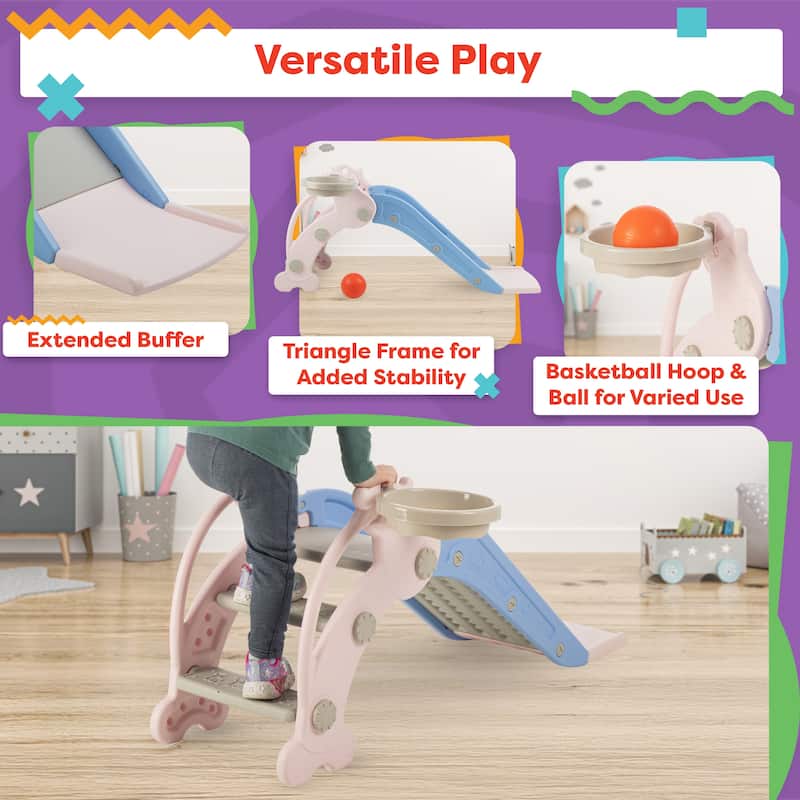 Hey Play Indoor/Outdoor Toddler Slide with Basketball Hoop and Ball, Pink