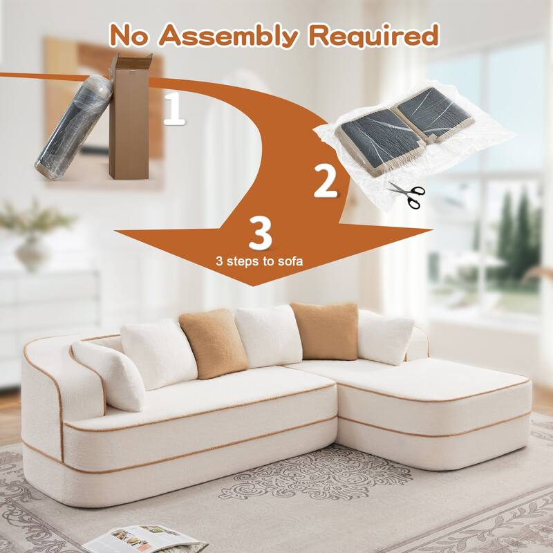 Teddy Fabric Contrast Sofa for Living Room, Upholstered Sectional Couch with L-Shaped Chaise, Boneless Couch with Throw Pillows