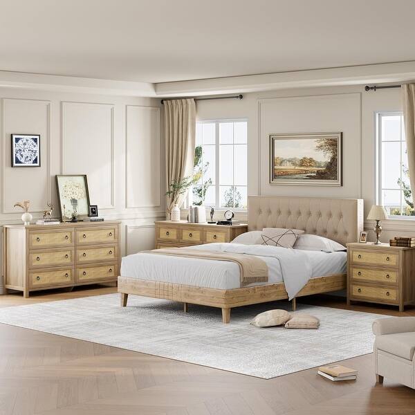 6 drawer boho dresser 6 Drawer Tall Dressers, Rattan Dresser with Large Storage Space Boho Dressers & Chests of Drawer Wooden Dressers for Bedroom, Tea Brown