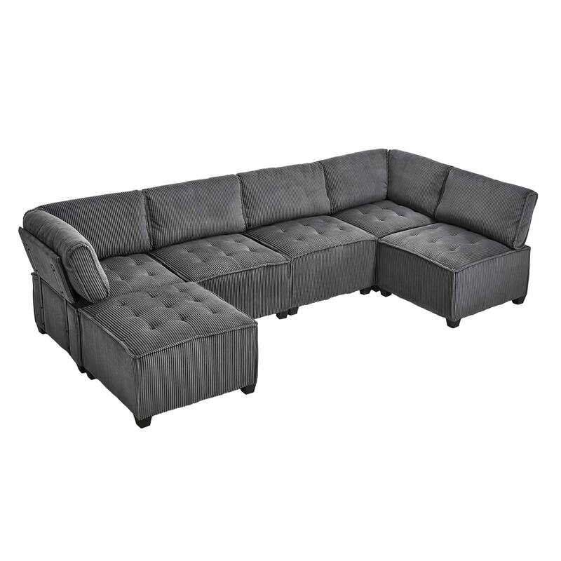U-Shaped Modular Sectional Sofa, Oversized Corduroy Cloud Couch with Reversible Chaise, Comfy Convertible 6-Seat Corner Couch