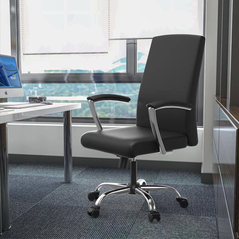 Evander Series Ergonomic Leather Office Chair with Aluminum Frame, Foam Cushion, Fixed Armrests, 360° Swivel and Quick Assembly