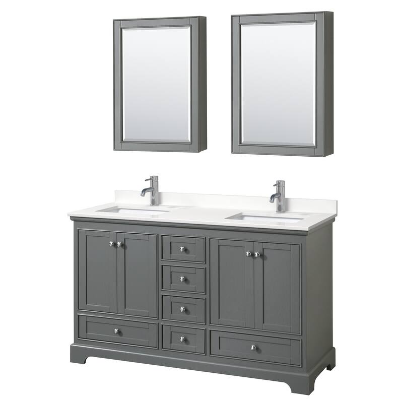 Deborah 60-inch Double Vanity, Quartz Top, Medicine Cabinets - Dark Gray, Chrome Trim, White Quartz Top