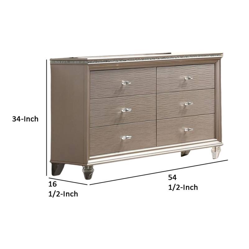 Jisoo 55 Inch Wide Dresser Chest, Textured Drawers, Crystal Accents, Gold