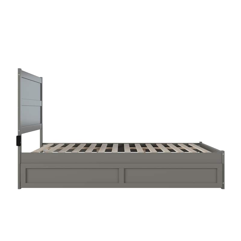 Twin Trundle Bed with Footboard - Grey Platform Bed Frame, Modern Style, Space Saving Design