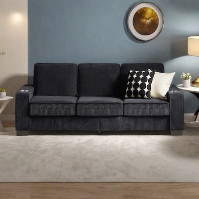 84.25" Corduroy 3-Seater Sofa with Cup Holder Armrests - High-Density Sponge and Spring Cushions