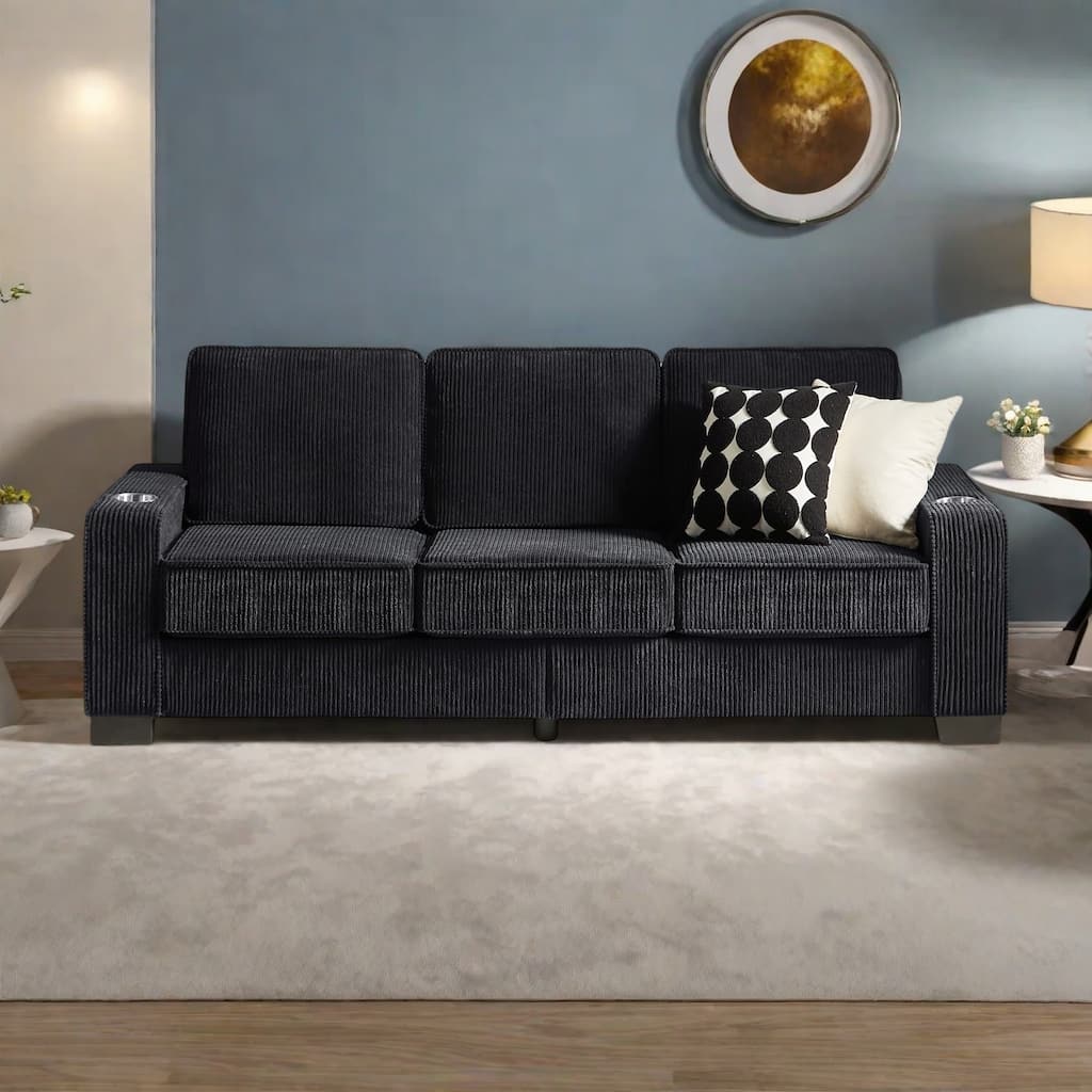 84.25" Corduroy 3-Seater Sofa with Cup Holder Armrests - High-Density Sponge and Spring Cushions