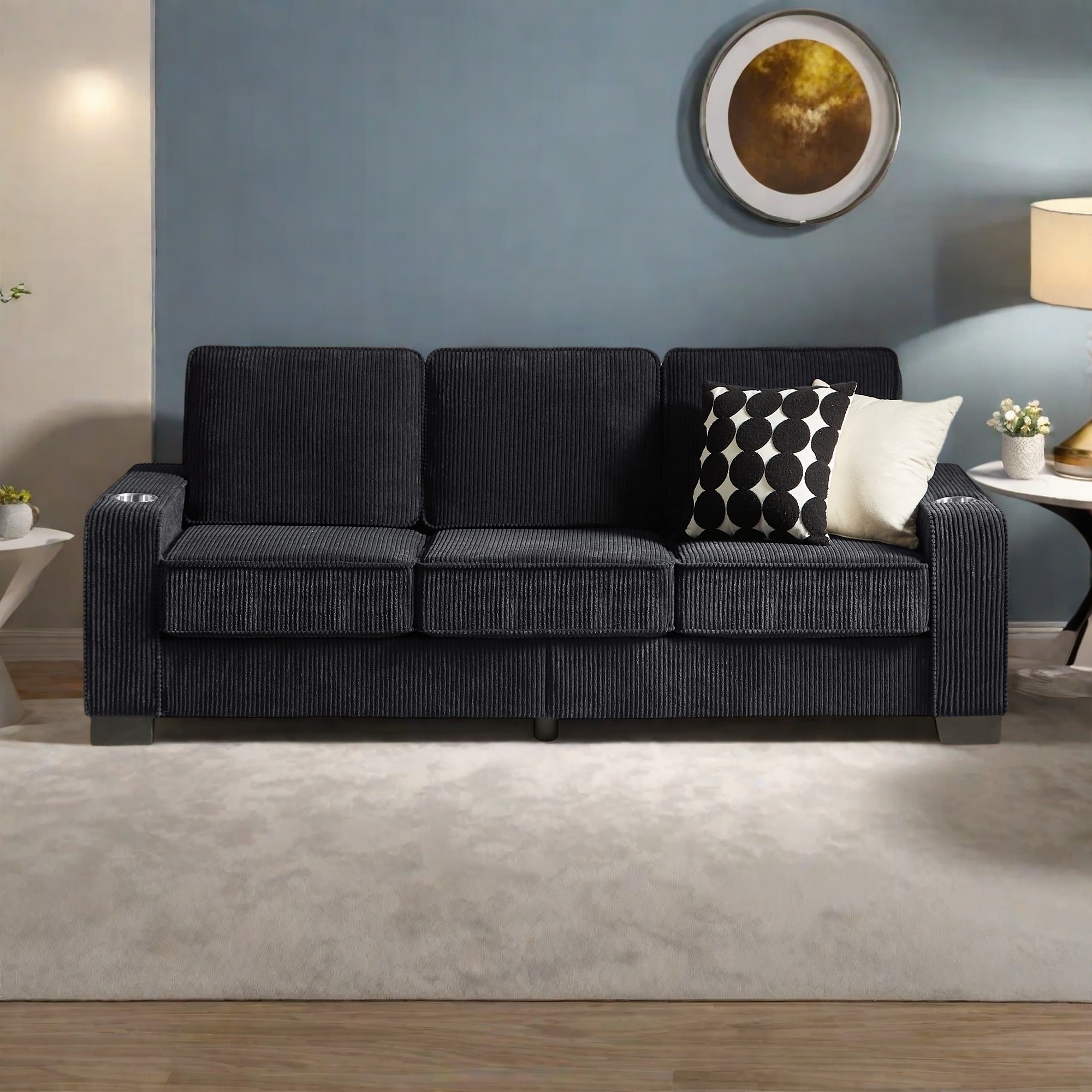 84.25" Corduroy 3-Seater Sofa with Cup Holder Armrests - High-Density Sponge and Spring Cushions