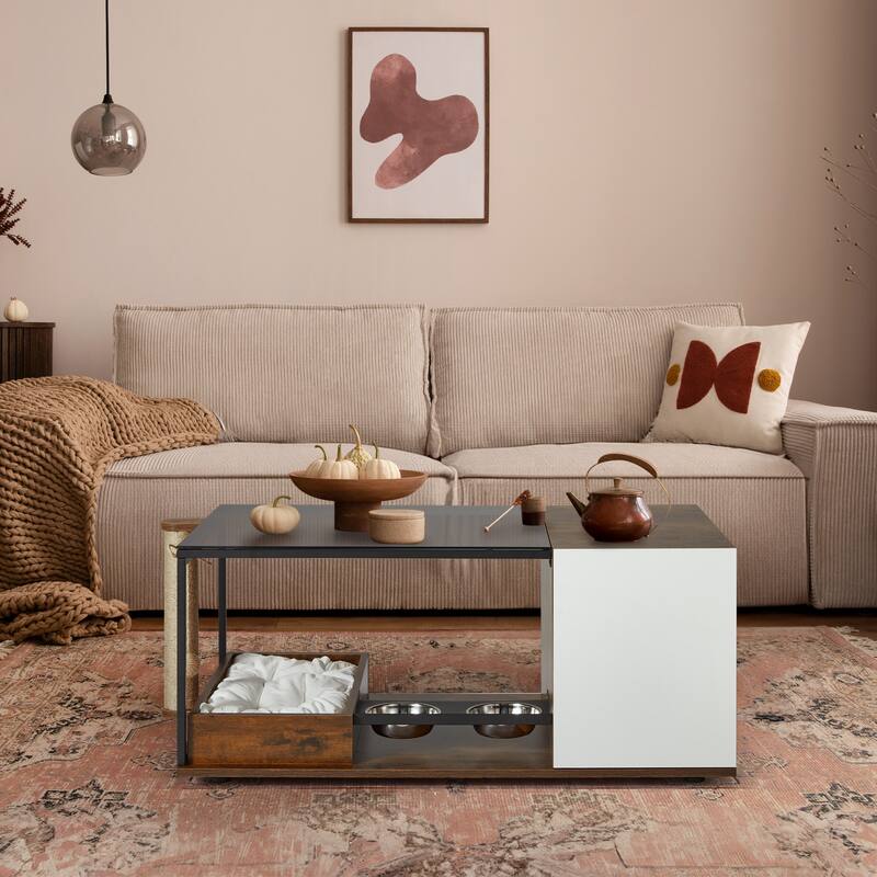 EROMMY Cat Coffee Table: Stylish End Table with Scratching Post, Feeding Station, and Cat Condos for Living Room - White